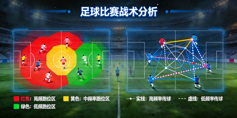 足球比赛战术分析动态图，展示球员跑位热区与传球网络